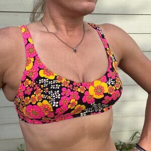 Vintage De Weese Design 60s pink gold black mod floral bikini top